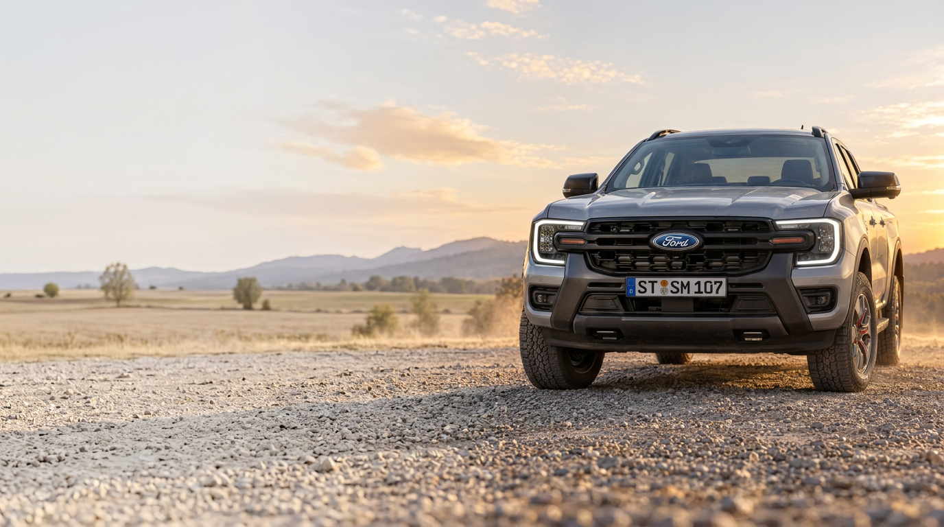 Silberner Ford Ranger auf Schotter bei Sonnenuntergang
