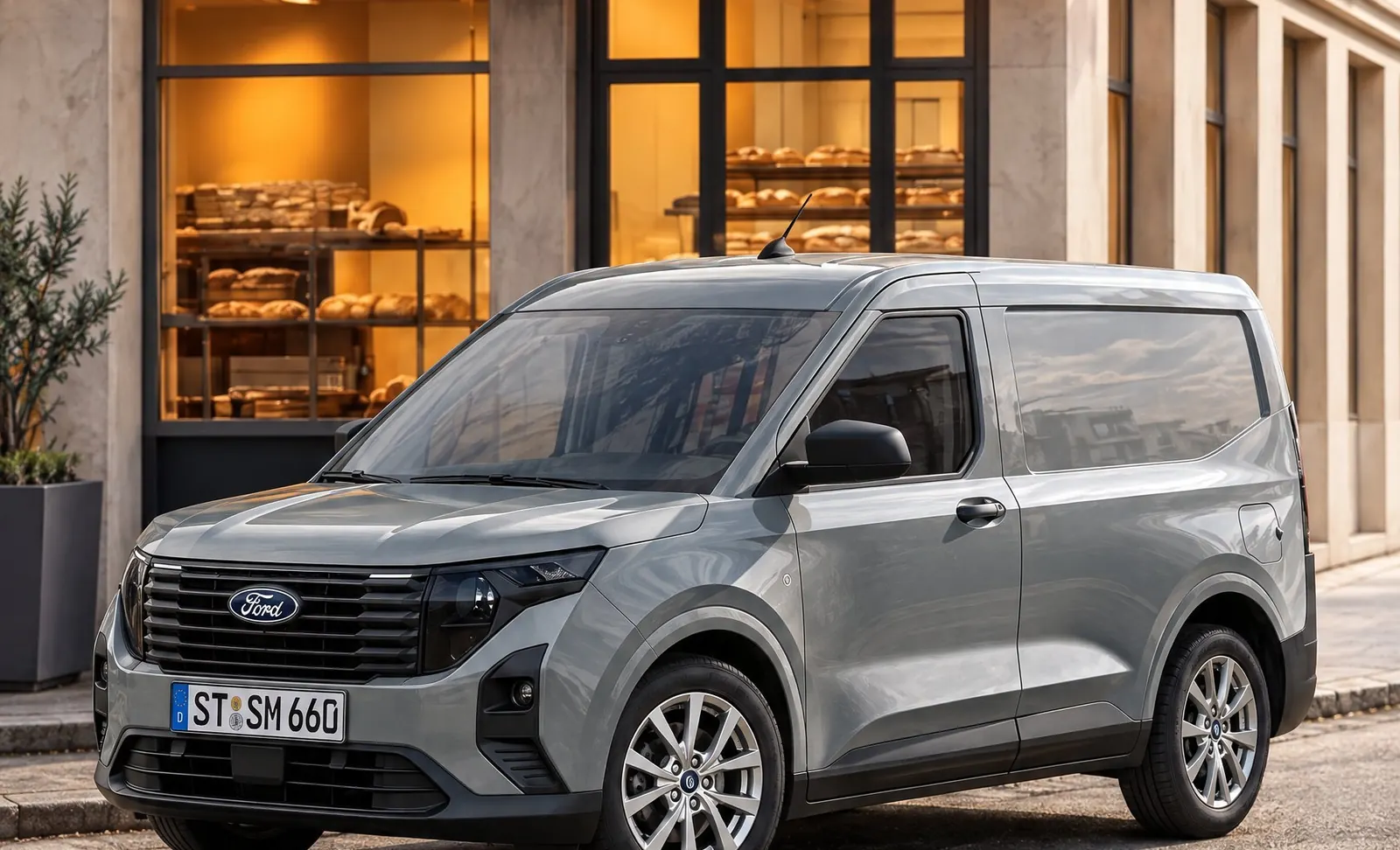 Grauer Ford Transit Courier vor einer Bäckerei