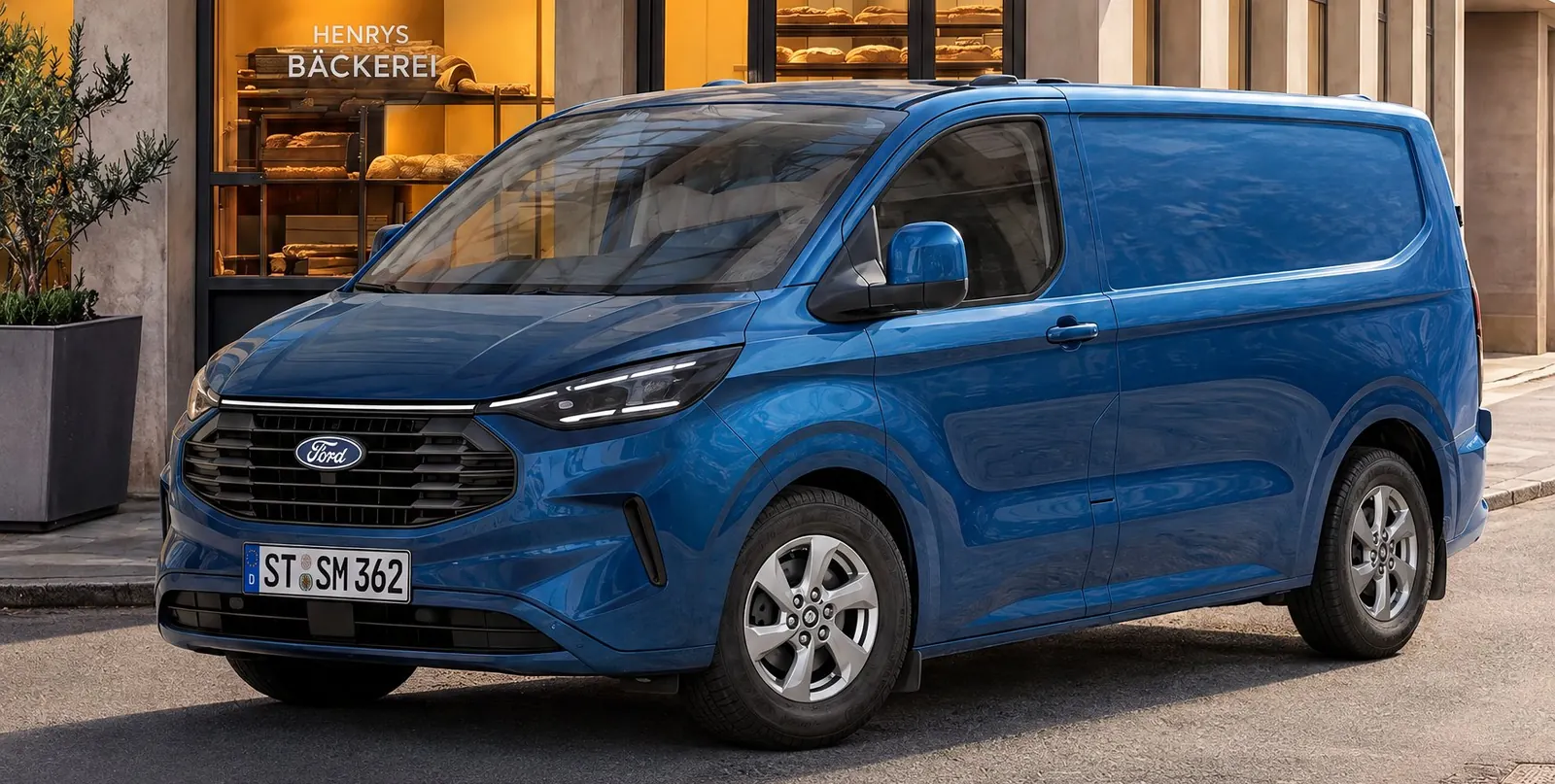 Blauer Ford Transit Custom an einer Straßenecke